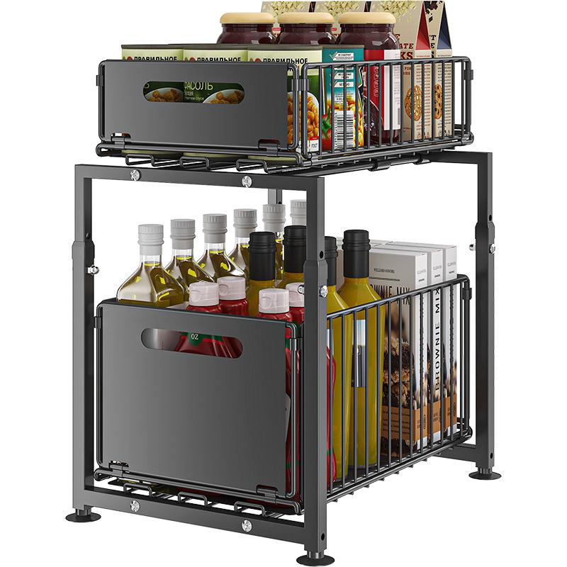 Double-Tier Pull-Out Shelf Cabinet Organiser 5 Height Adjustments, 2 Pull-Out Tiers, Carbon Steel & Large Capacity No Assembly Required
