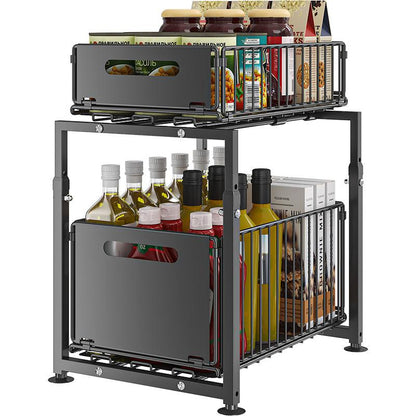 Double-Tier Pull-Out Shelf Cabinet Organiser 5 Height Adjustments, 2 Pull-Out Tiers, Carbon Steel & Large Capacity No Assembly Required