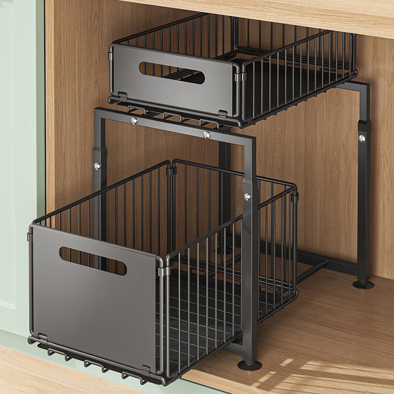 Double-Tier Pull-Out Shelf Cabinet Organiser 5 Height Adjustments, 2 Pull-Out Tiers, Carbon Steel & Large Capacity No Assembly Required