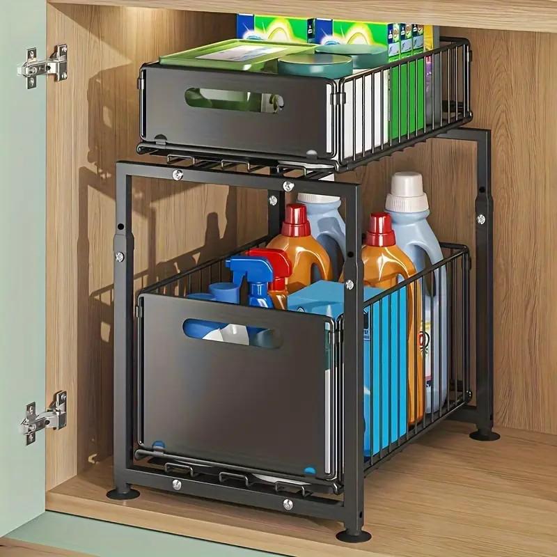 Double-Tier Pull-Out Shelf Cabinet Organiser 5 Height Adjustments, 2 Pull-Out Tiers, Carbon Steel & Large Capacity No Assembly Required