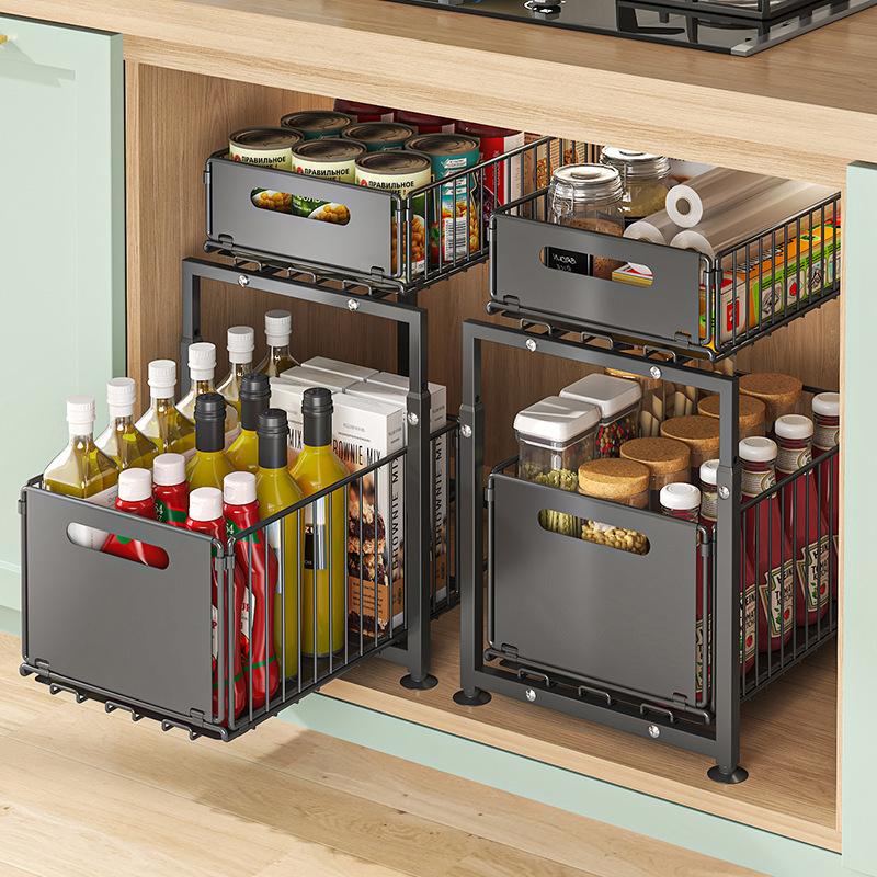 Double-Tier Pull-Out Shelf Cabinet Organiser 5 Height Adjustments, 2 Pull-Out Tiers, Carbon Steel & Large Capacity No Assembly Required