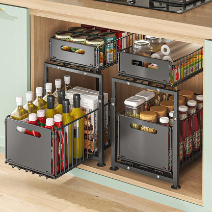 Double-Tier Pull-Out Shelf Cabinet Organiser 5 Height Adjustments, 2 Pull-Out Tiers, Carbon Steel & Large Capacity No Assembly Required