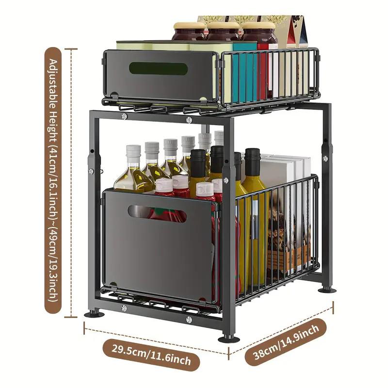 Double-Tier Pull-Out Shelf Cabinet Organiser 5 Height Adjustments, 2 Pull-Out Tiers, Carbon Steel & Large Capacity No Assembly Required