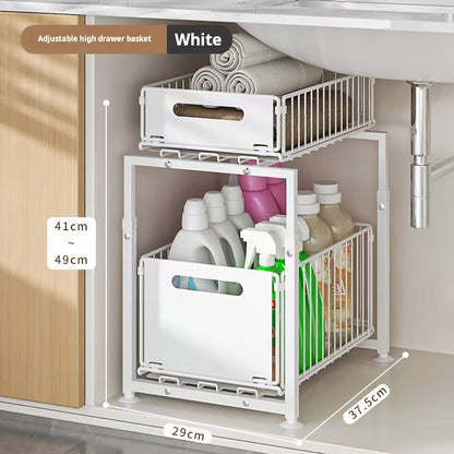 Double-Tier Pull-Out Shelf Cabinet Organiser 5 Height Adjustments, 2 Pull-Out Tiers, Carbon Steel & Large Capacity No Assembly Required