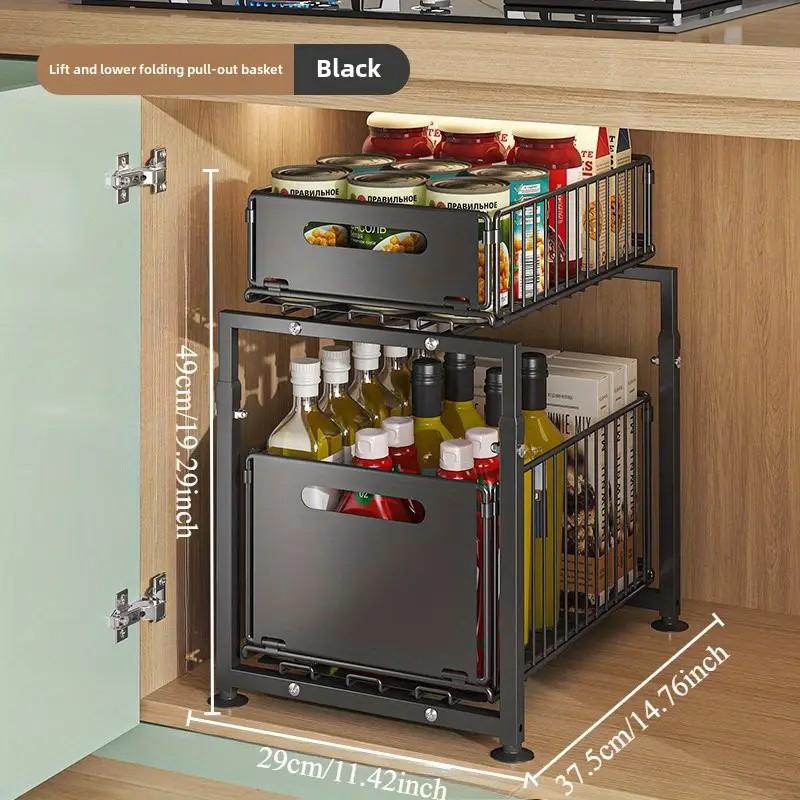 Double-Tier Pull-Out Shelf Cabinet Organiser 5 Height Adjustments, 2 Pull-Out Tiers, Carbon Steel & Large Capacity No Assembly Required