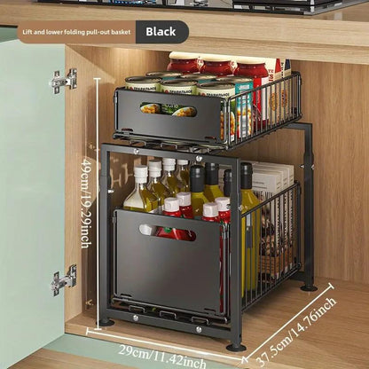Double-Tier Pull-Out Shelf Cabinet Organiser 5 Height Adjustments, 2 Pull-Out Tiers, Carbon Steel & Large Capacity No Assembly Required