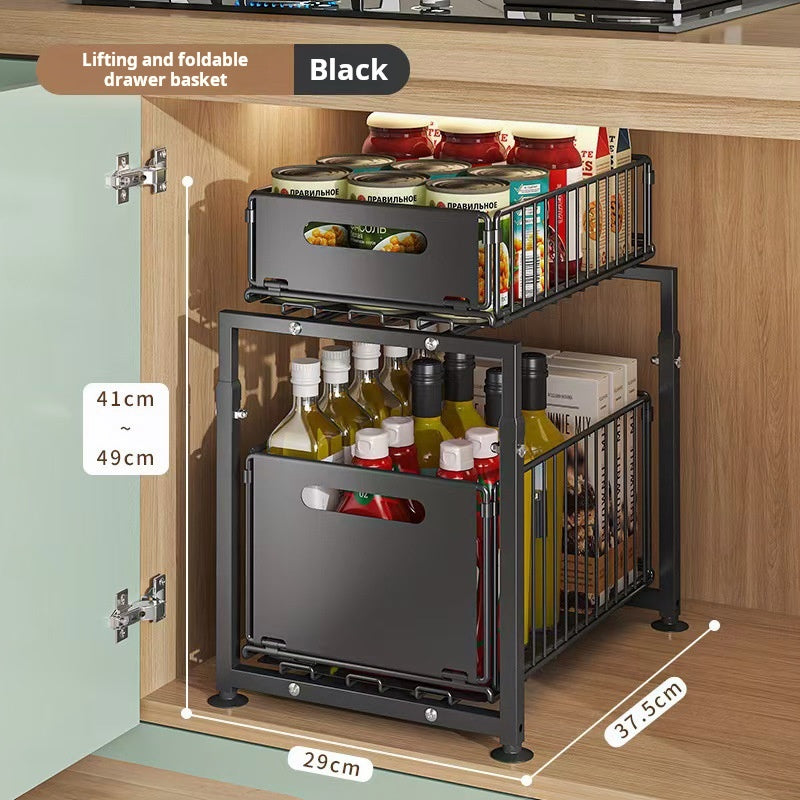 Double-Tier Pull-Out Shelf Cabinet Organiser 5 Height Adjustments, 2 Pull-Out Tiers, Carbon Steel & Large Capacity No Assembly Required