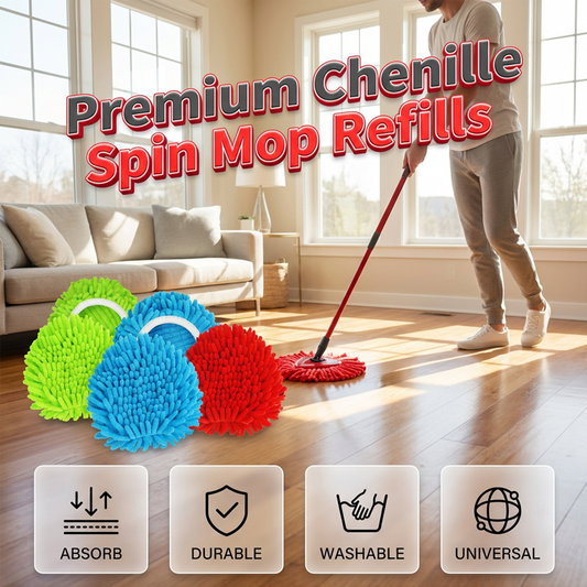 Chenille Spin Mop Head Replacement Ultra-Absorbent Microfiber Refill Pads | Wet & Dry Use | Machine Washable | Fits Most Spin Mops