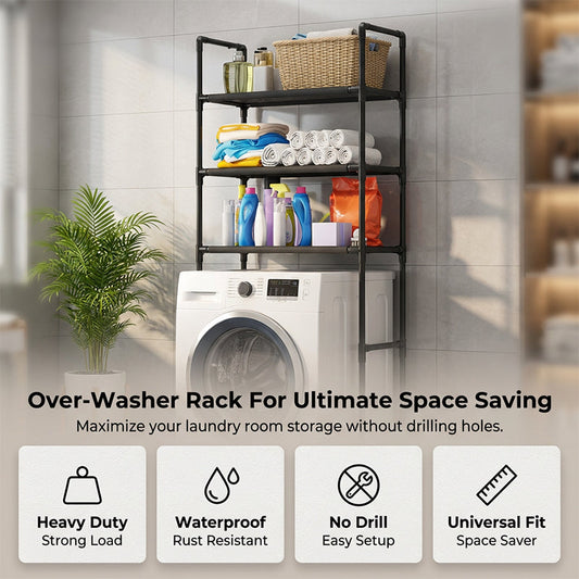 No-Drill Over-Washer Storage Rack, Waterproof Rustproof Laundry & Bathroom Organizer Shelf for Space Saving