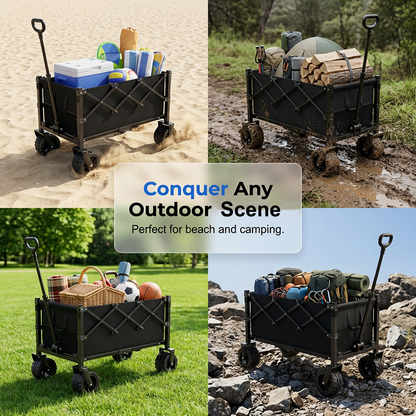 Heavy Duty Collapsible Wagon Cart All-Terrain Wheels, 130L Large Capacity, 1-Second Quick Fold