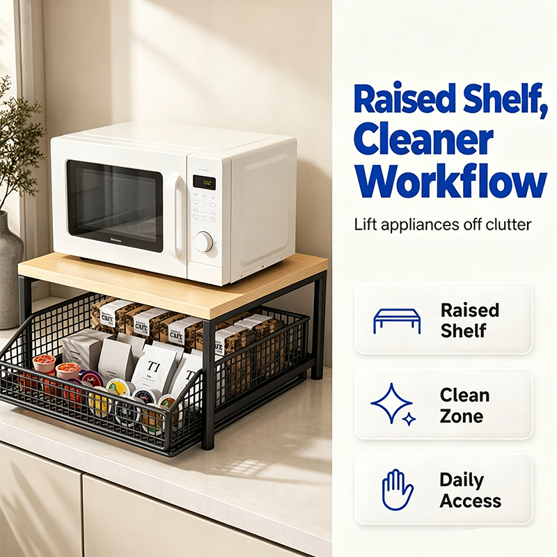 2-Tier Kitchen Microwave Stand with Slide-Out Drawer Heavy-Duty Countertop Shelf, Space-Saving & Easy Access