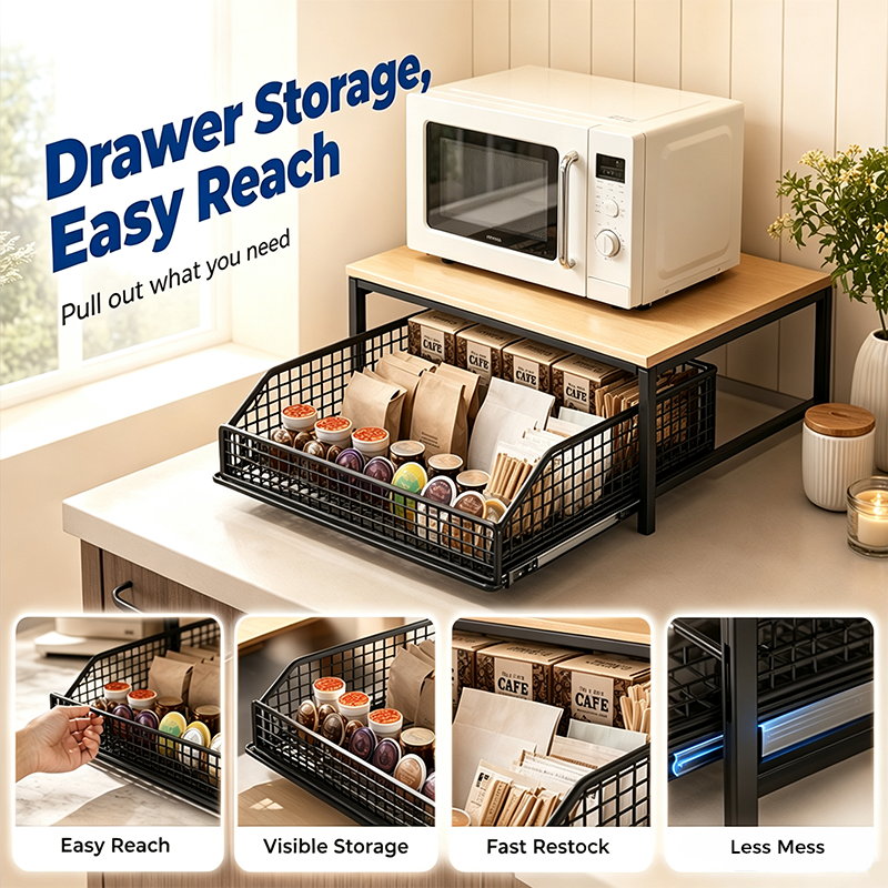 2-Tier Kitchen Microwave Stand with Slide-Out Drawer Heavy-Duty Countertop Shelf, Space-Saving & Easy Access