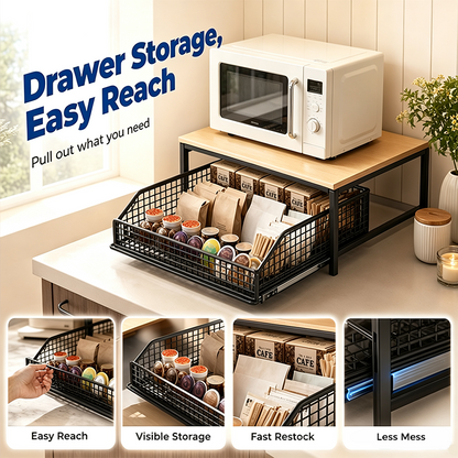 2-Tier Kitchen Microwave Stand with Slide-Out Drawer Heavy-Duty Countertop Shelf, Space-Saving & Easy Access