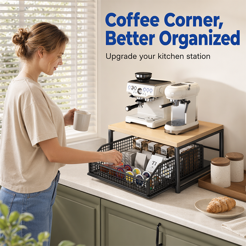 2-Tier Kitchen Microwave Stand with Slide-Out Drawer Heavy-Duty Countertop Shelf, Space-Saving & Easy Access