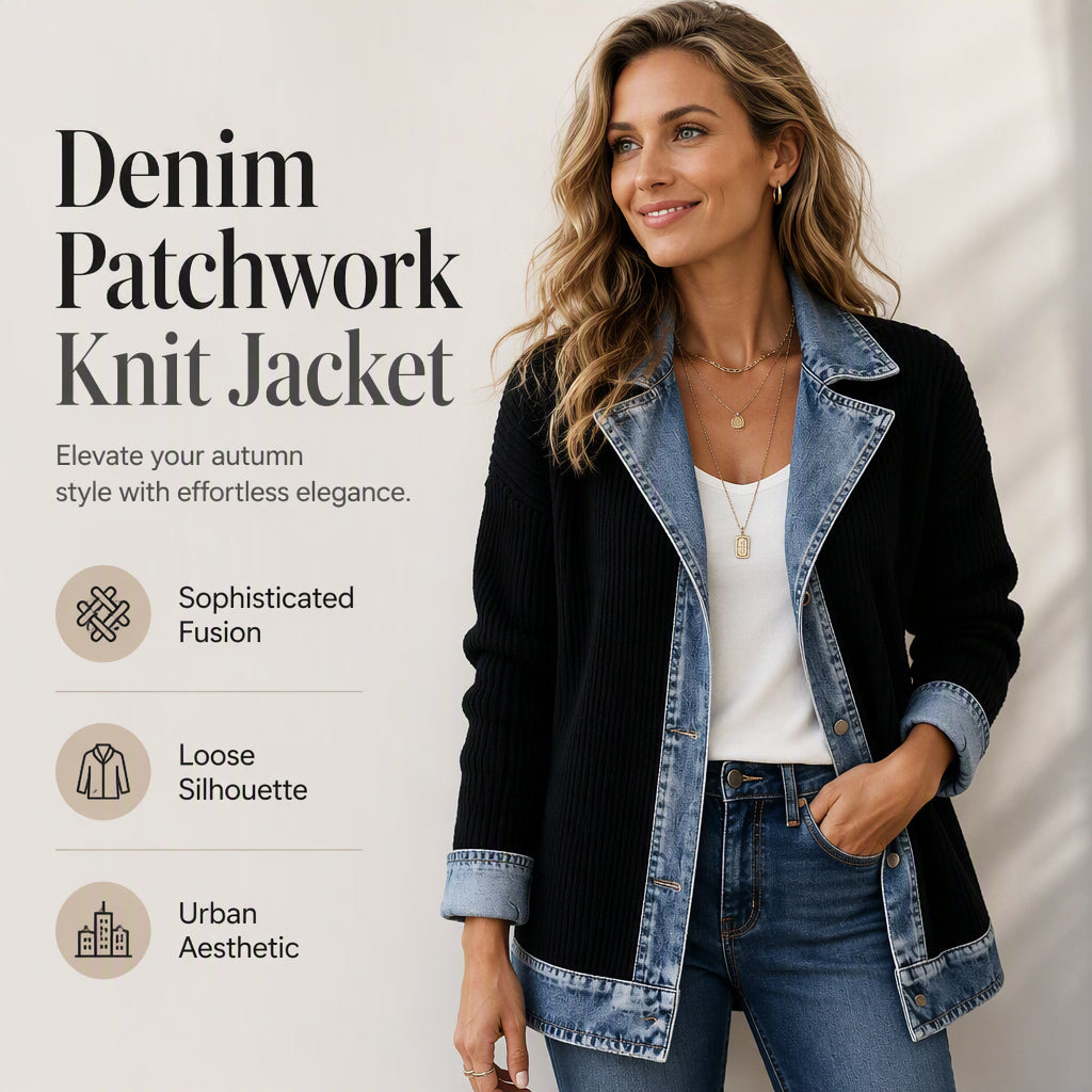 Women's Elegant Denim Spliced Ribbed Knit Coat