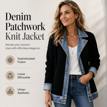 Women's Elegant Denim Spliced Ribbed Knit Coat