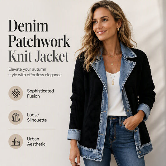 Women's Elegant Denim Spliced Ribbed Knit Coat