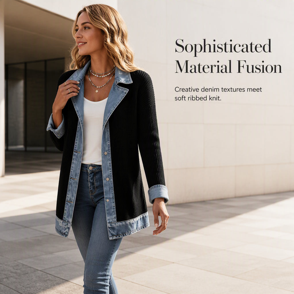 Women's Elegant Denim Spliced Ribbed Knit Coat