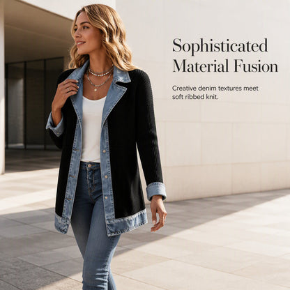 Women's Elegant Denim Spliced Ribbed Knit Coat