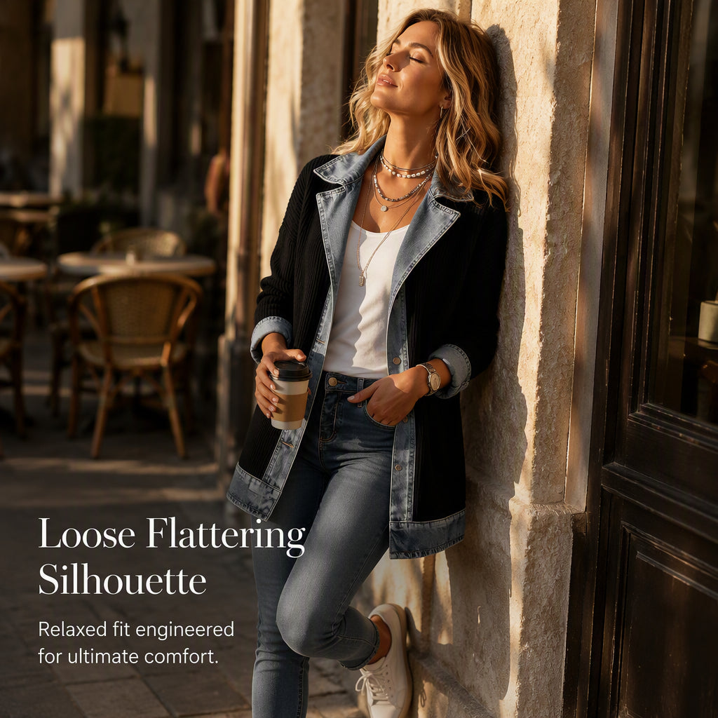 Women's Elegant Denim Spliced Ribbed Knit Coat