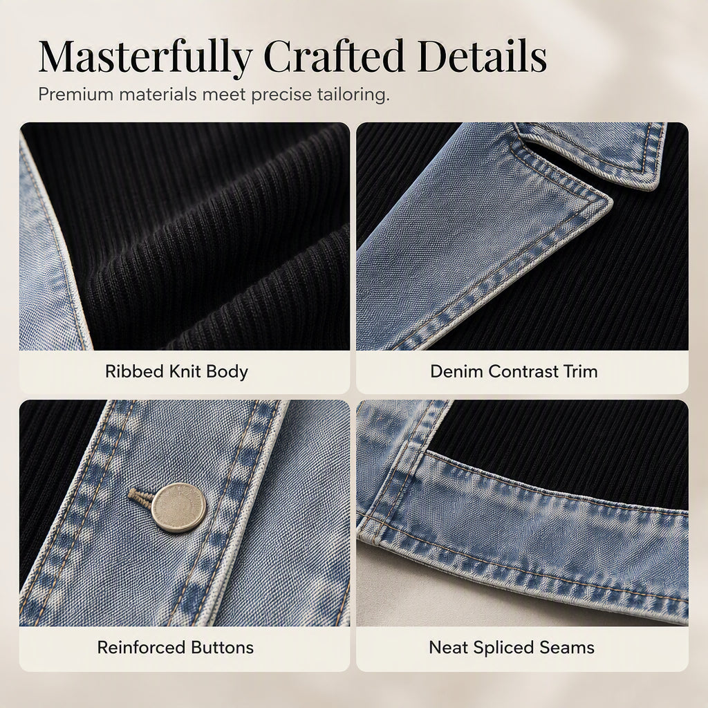 Women's Elegant Denim Spliced Ribbed Knit Coat