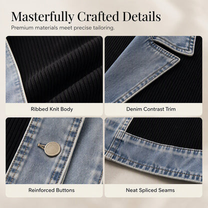 Women's Elegant Denim Spliced Ribbed Knit Coat