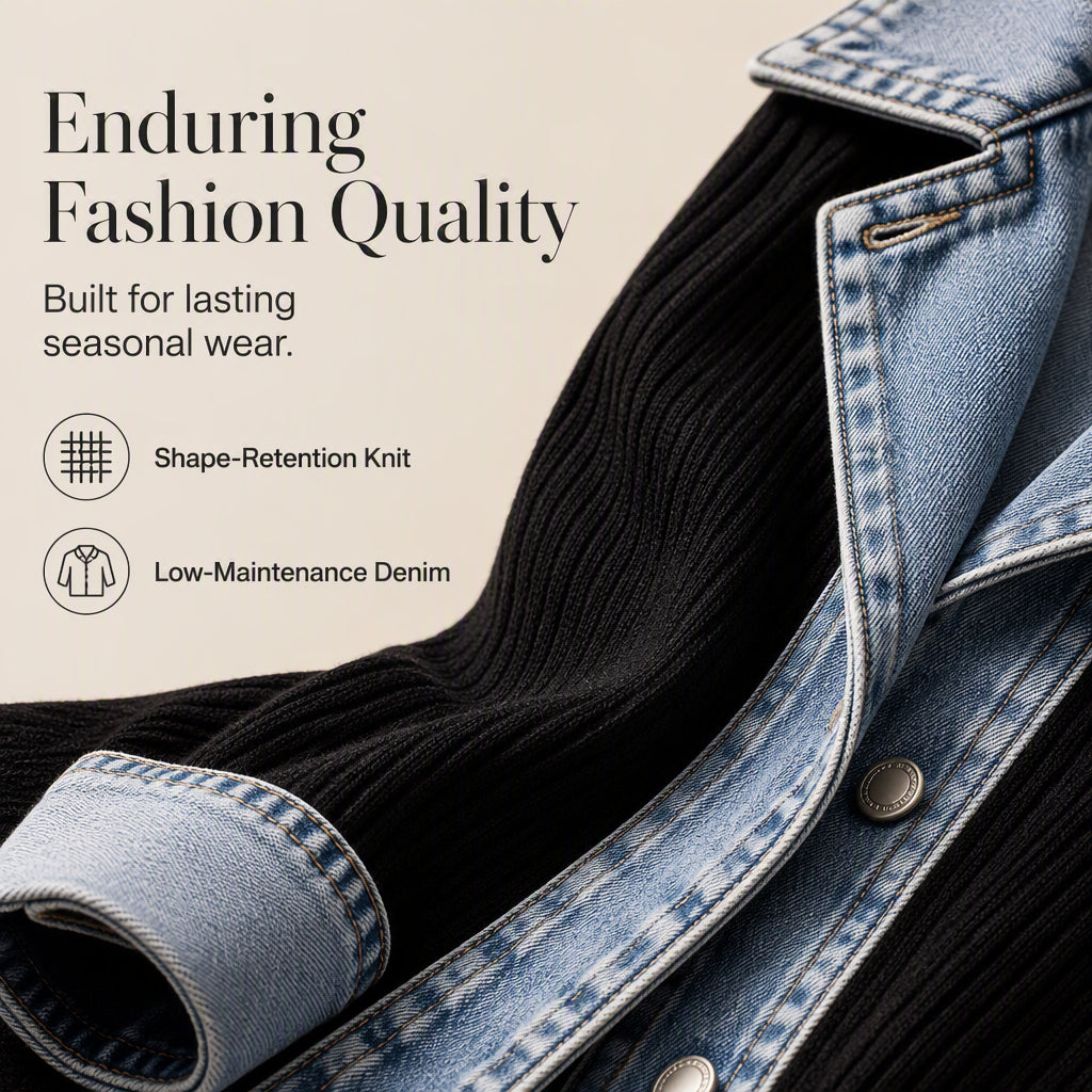 Women's Elegant Denim Spliced Ribbed Knit Coat