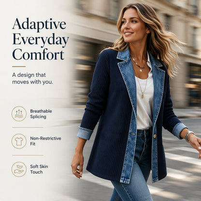 Women's Elegant Denim Spliced Ribbed Knit Coat