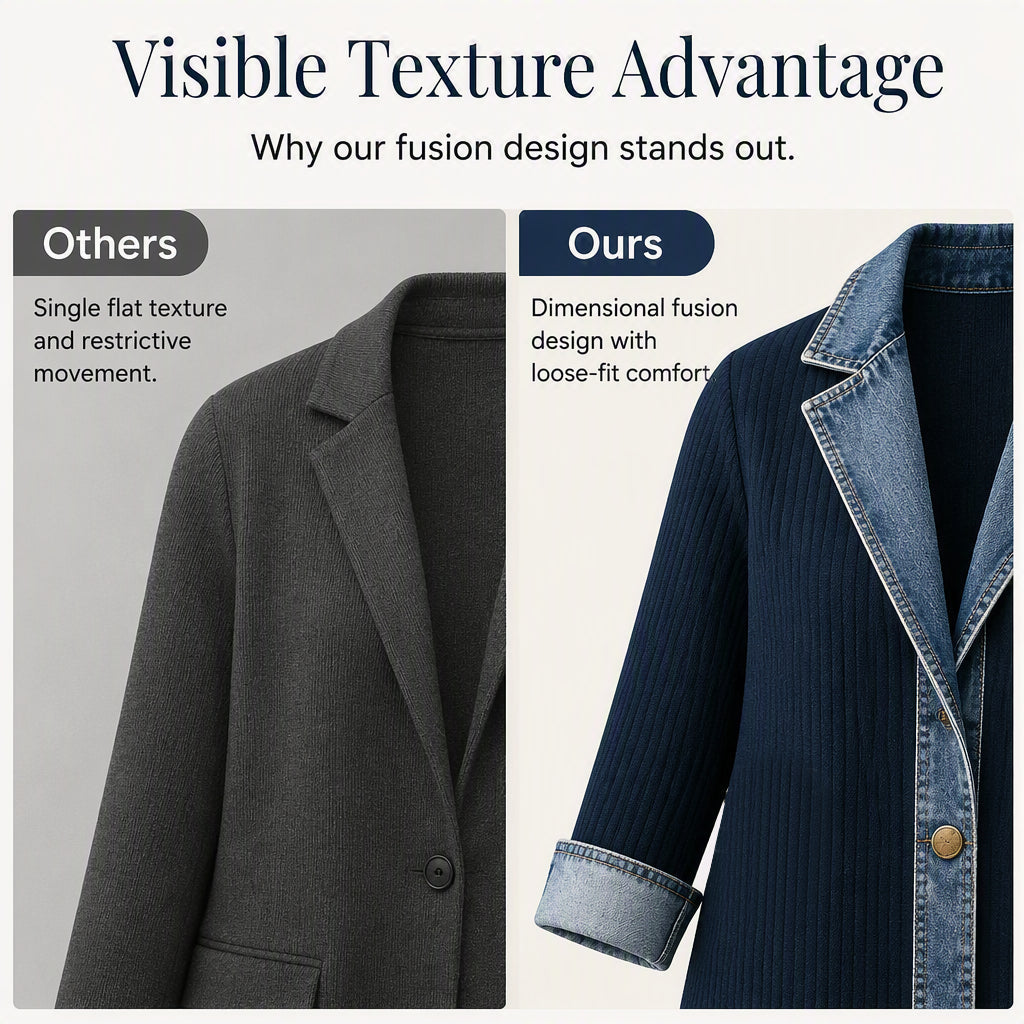 Women's Elegant Denim Spliced Ribbed Knit Coat