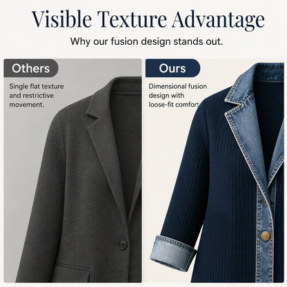 Women's Elegant Denim Spliced Ribbed Knit Coat
