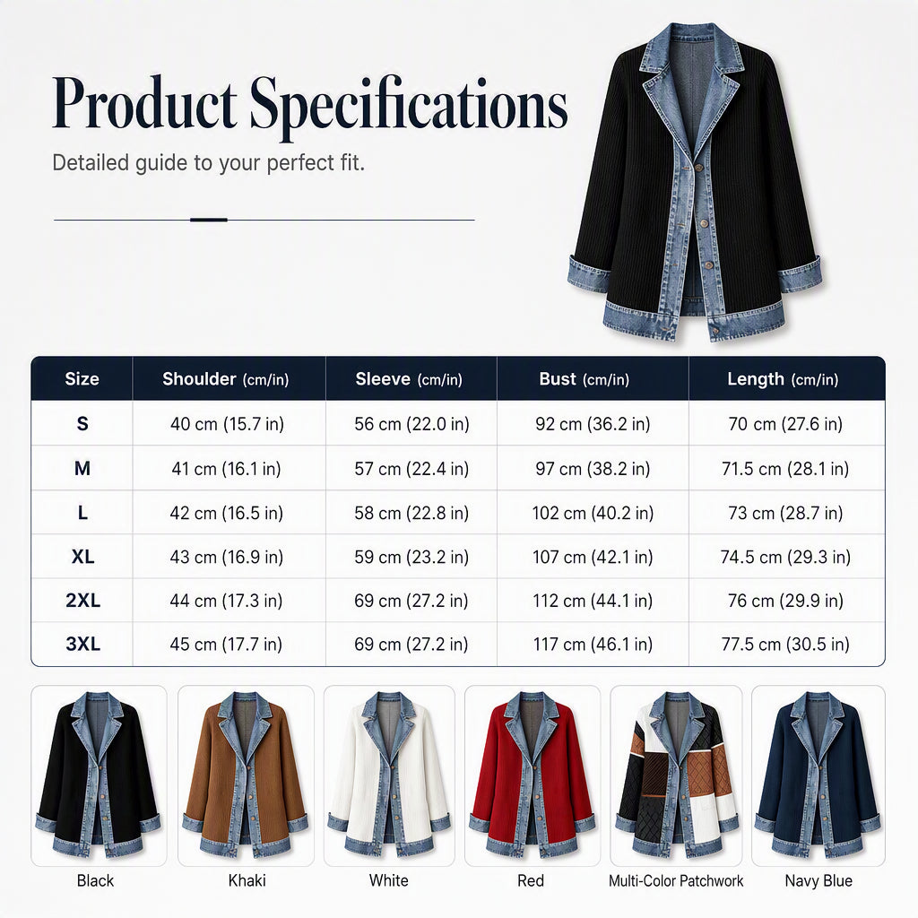 Women's Elegant Denim Spliced Ribbed Knit Coat