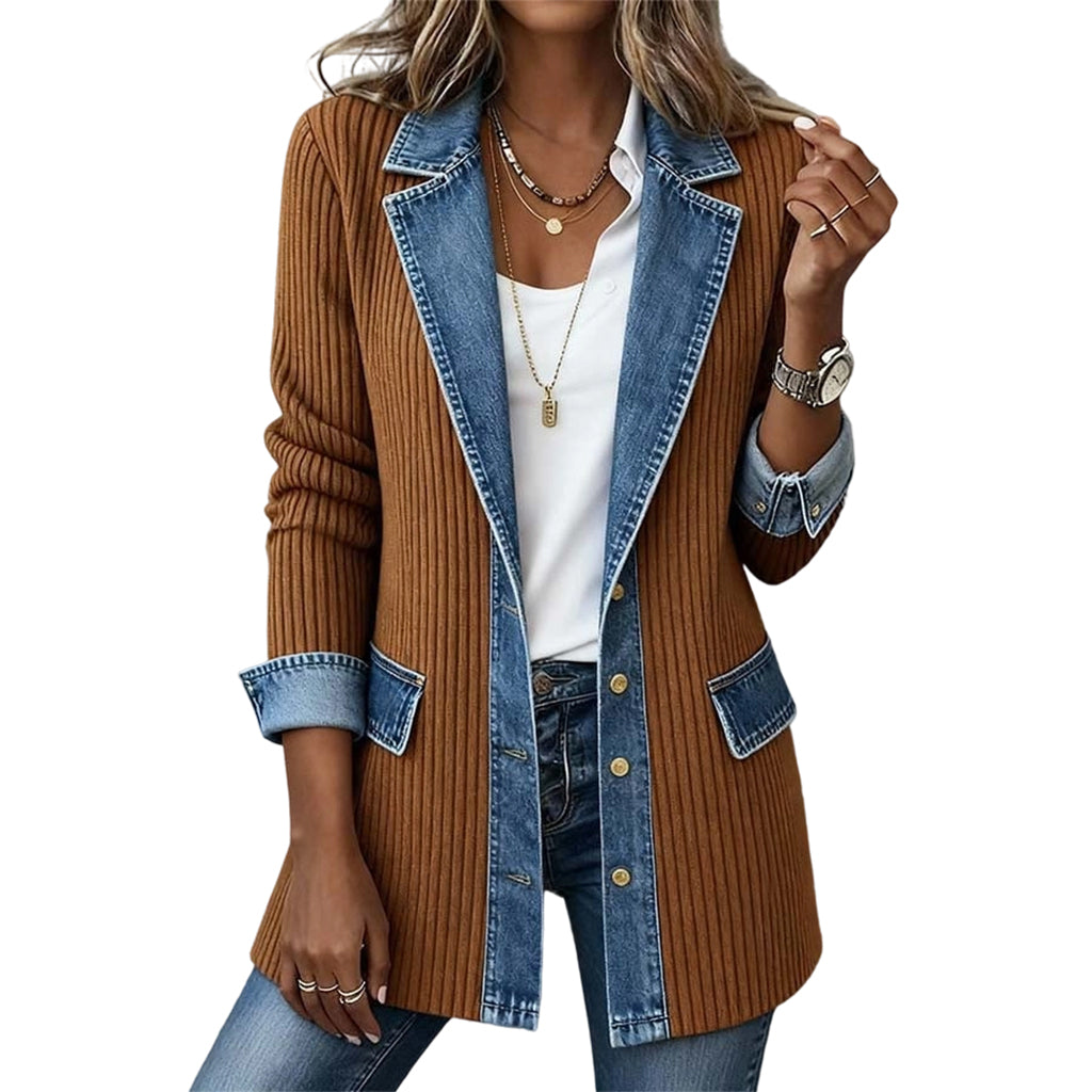 Women's Elegant Denim Spliced Ribbed Knit Coat