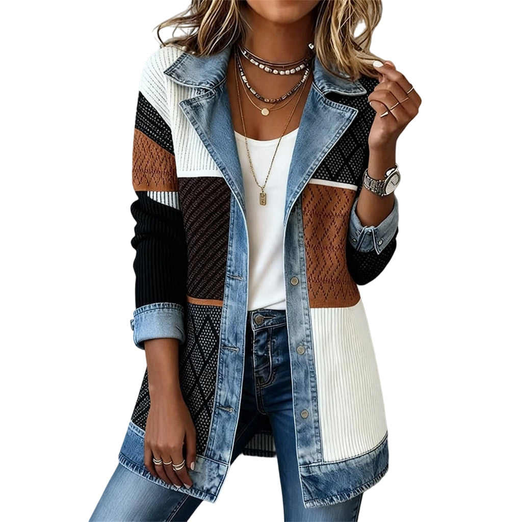 Women's Elegant Denim Spliced Ribbed Knit Coat
