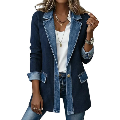 Women's Elegant Denim Spliced Ribbed Knit Coat