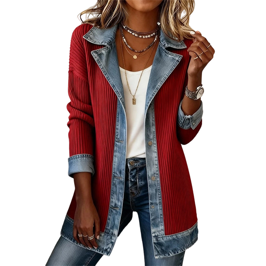 Women's Elegant Denim Spliced Ribbed Knit Coat