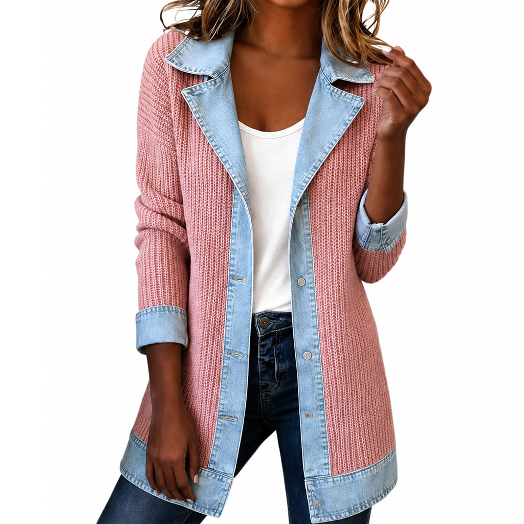 Women's Elegant Denim Spliced Ribbed Knit Coat