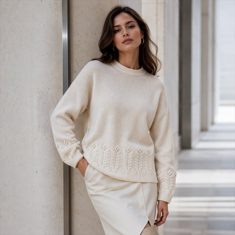 Women's Round-Neck Cable-Knit Loose-Fitting, Breathable Sweater