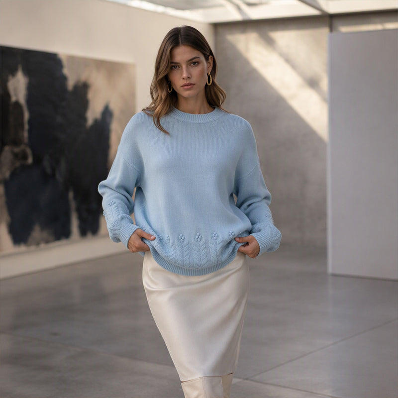 Women's Round-Neck Cable-Knit Loose-Fitting, Breathable Sweater