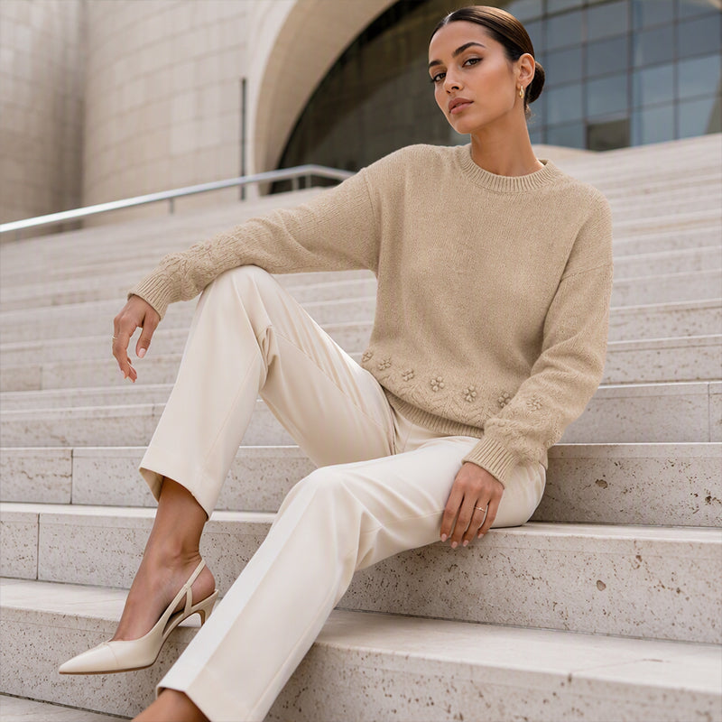 Women's Round-Neck Cable-Knit Loose-Fitting, Breathable Sweater