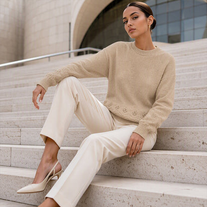 Women's Round-Neck Cable-Knit Loose-Fitting, Breathable Sweater