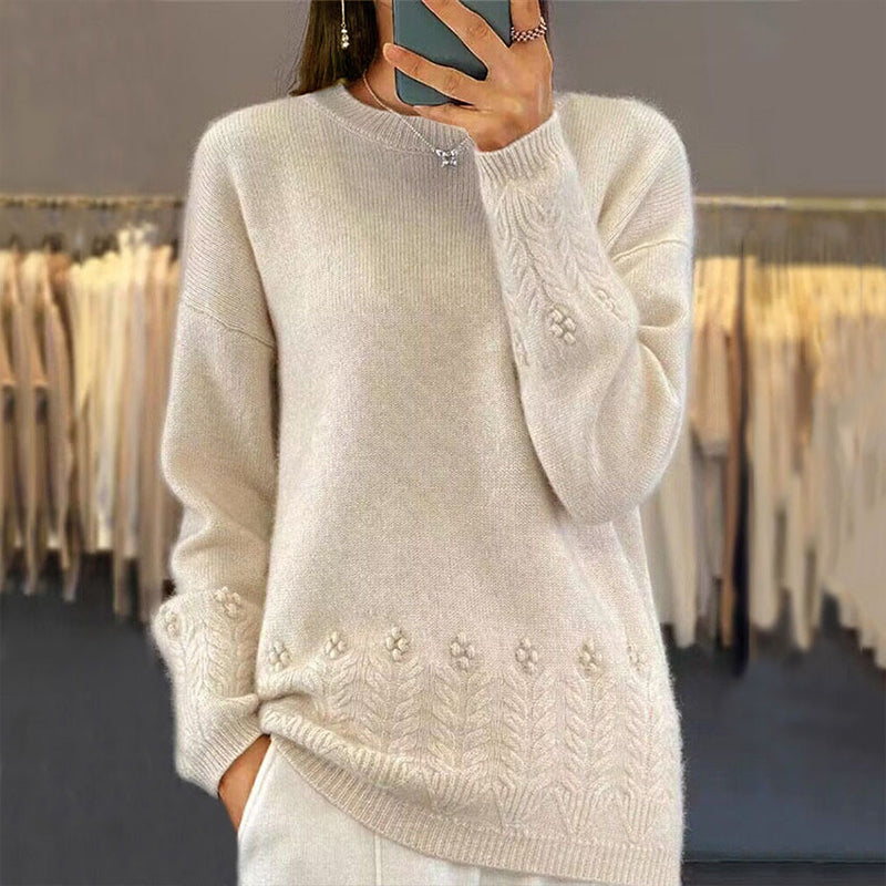 Women's Round-Neck Cable-Knit Loose-Fitting, Breathable Sweater