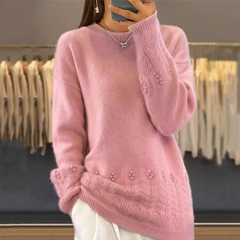 Women's Round-Neck Cable-Knit Loose-Fitting, Breathable Sweater