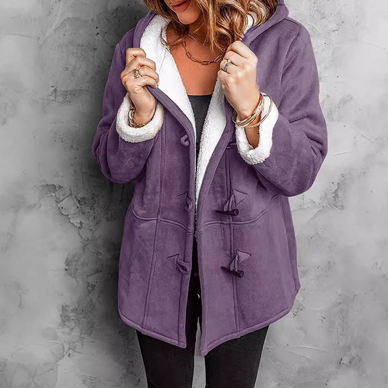 Double-Breasted Hooded Coat Soft Suede Outer & Warm Lining for Commute or Outdoor Wear