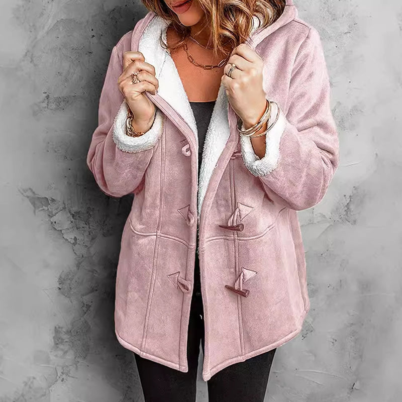 Double-Breasted Hooded Coat Soft Suede Outer & Warm Lining for Commute or Outdoor Wear