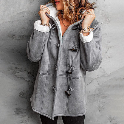 Double-Breasted Hooded Coat Soft Suede Outer & Warm Lining for Commute or Outdoor Wear