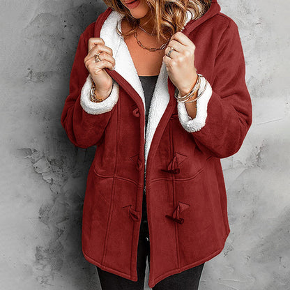Double-Breasted Hooded Coat Soft Suede Outer & Warm Lining for Commute or Outdoor Wear