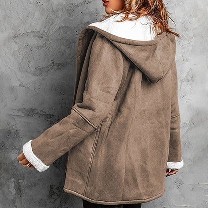 Double-Breasted Hooded Coat Soft Suede Outer & Warm Lining for Commute or Outdoor Wear