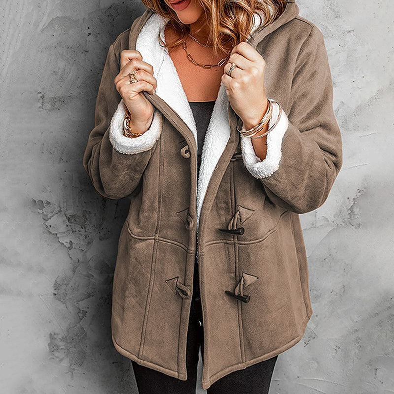 Double-Breasted Hooded Coat Soft Suede Outer & Warm Lining for Commute or Outdoor Wear