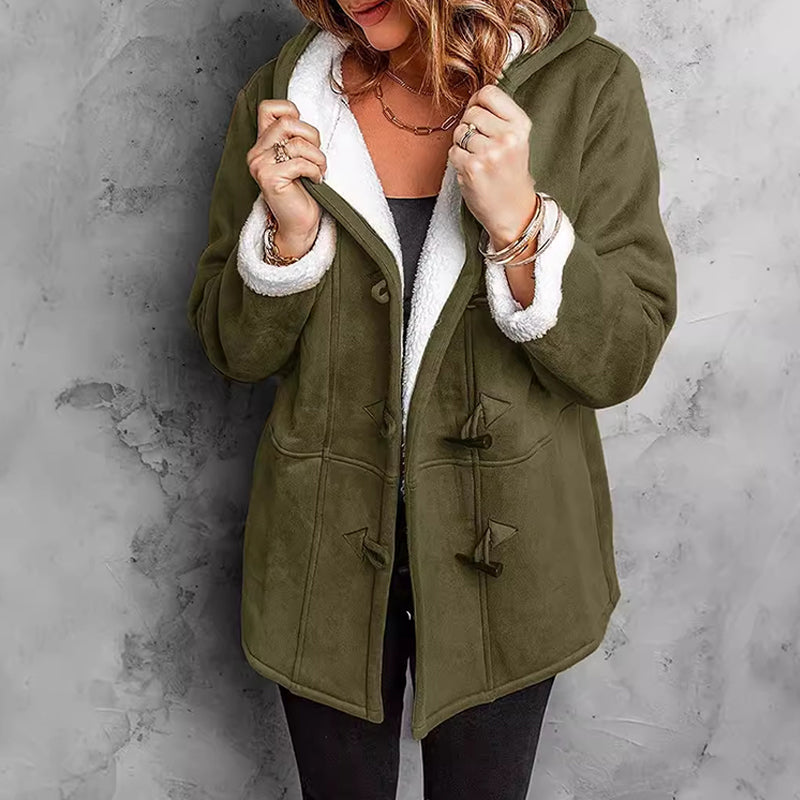 Double-Breasted Hooded Coat Soft Suede Outer & Warm Lining for Commute or Outdoor Wear