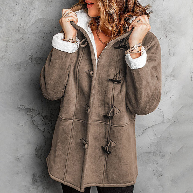 Double-Breasted Hooded Coat Soft Suede Outer & Warm Lining for Commute or Outdoor Wear